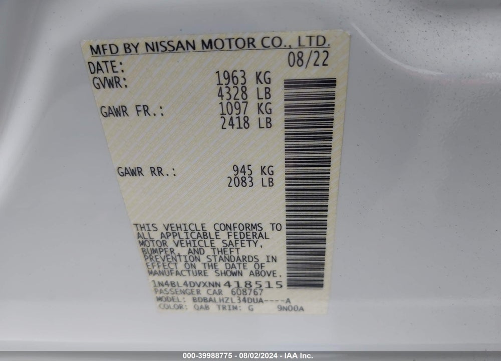 2022 NISSAN ALTIMA VIN: 1N4BL4DVXNN418515