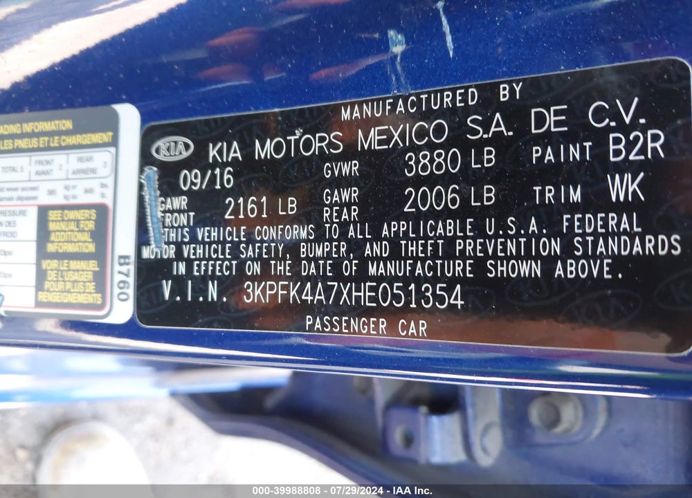 2017 KIA FORTE LX VIN: 3KPFK4A7XHE051354