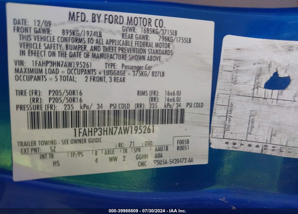 2010 FORD FOCUS SEL VIN: 1FAHP3HN7AW195261