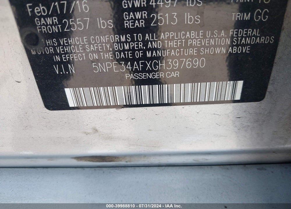 2016 HYUNDAI SONATA LIMITED VIN: 5NPE34AFXGH397690