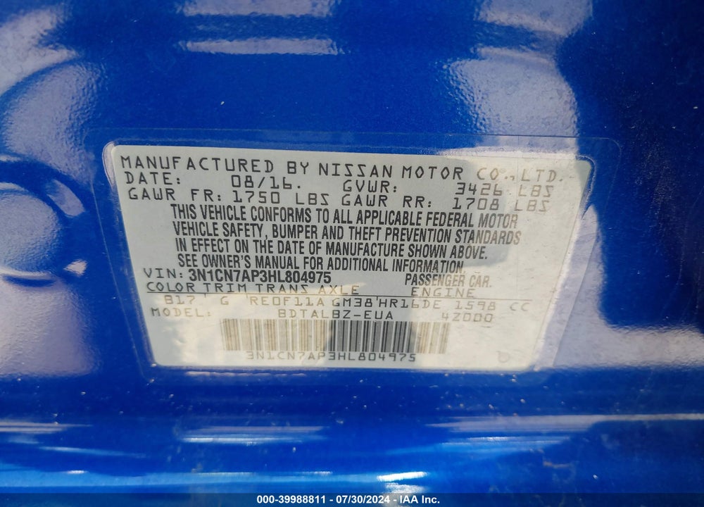 2017 NISSAN VERSA 1.6 SV VIN: 3N1CN7AP3HL804975