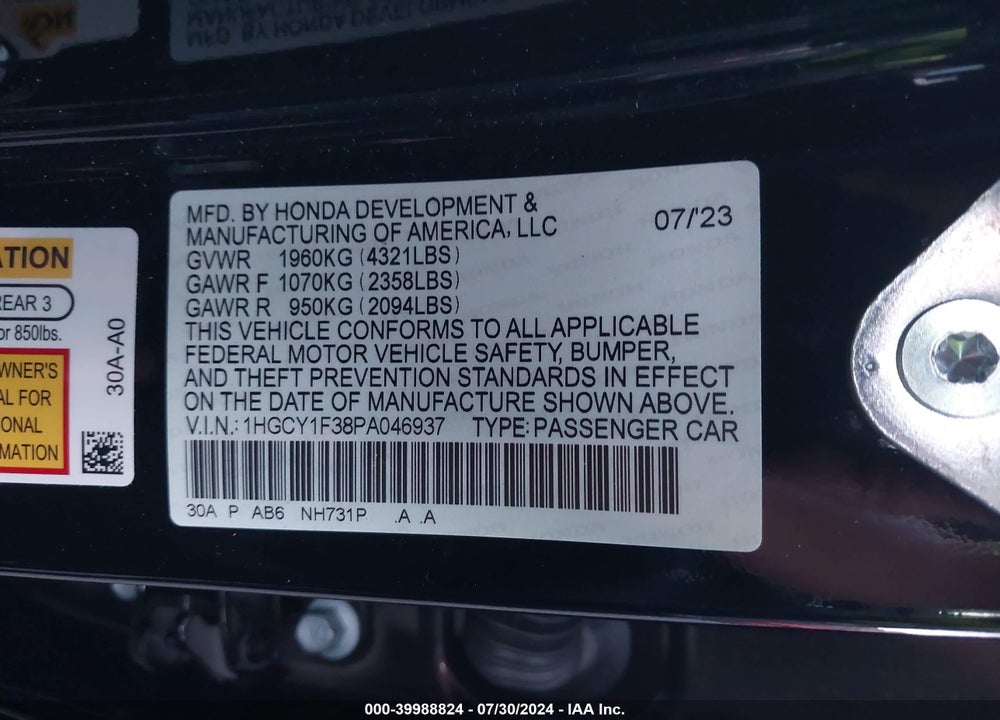 2023 HONDA ACCORD EX VIN: 1HGCY1F38PA046937