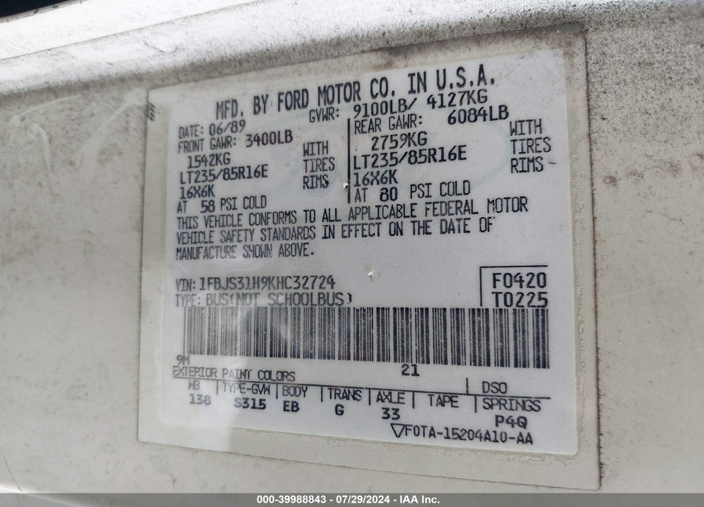 1989 FORD ECONOLINE E350 SUPER DUTY VIN: 1FBJS31H9KHC32724