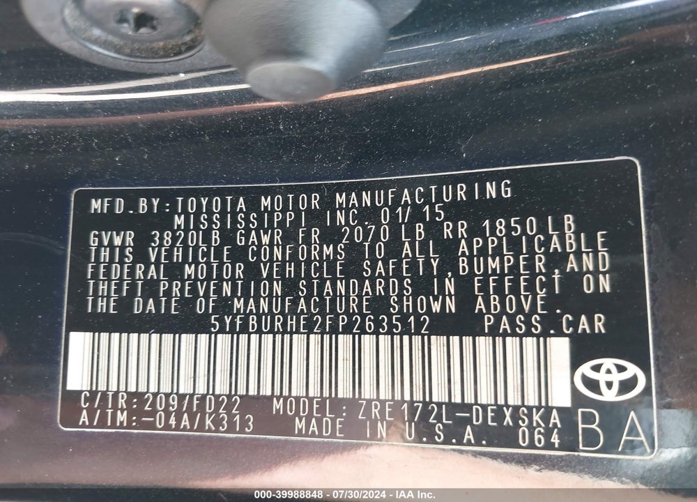2015 TOYOTA COROLLA S PLUS VIN: 5YFBURHE2FP263512