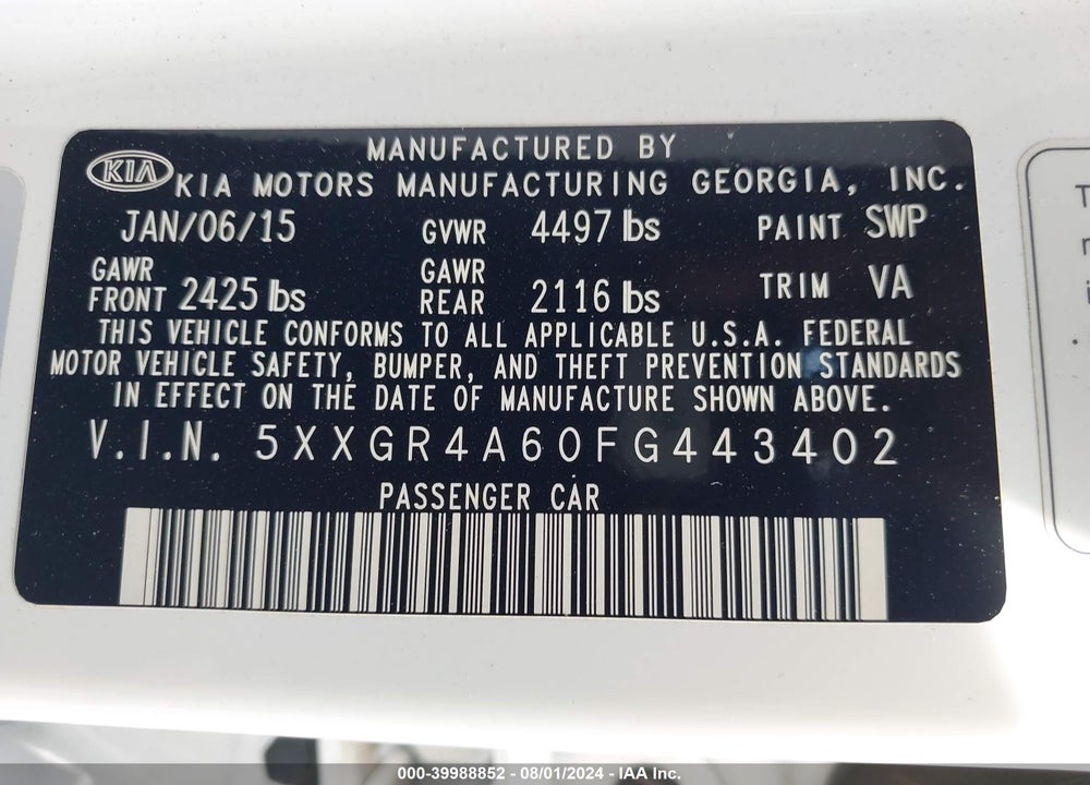 2015 KIA OPTIMA SX TURBO VIN: 5XXGR4A60FG443402