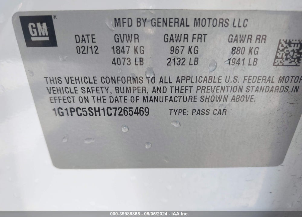 2012 CHEVROLET CRUZE LS VIN: 1G1PC5SH1C7265469