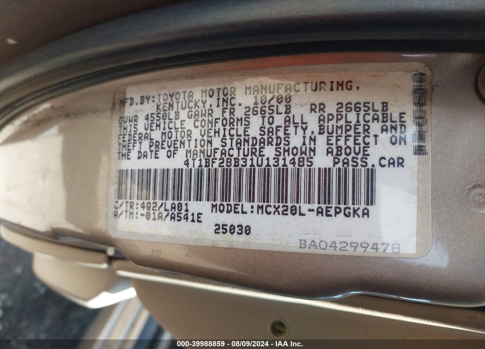 2001 TOYOTA AVALON XLS VIN: 4T1BF28B31U131485