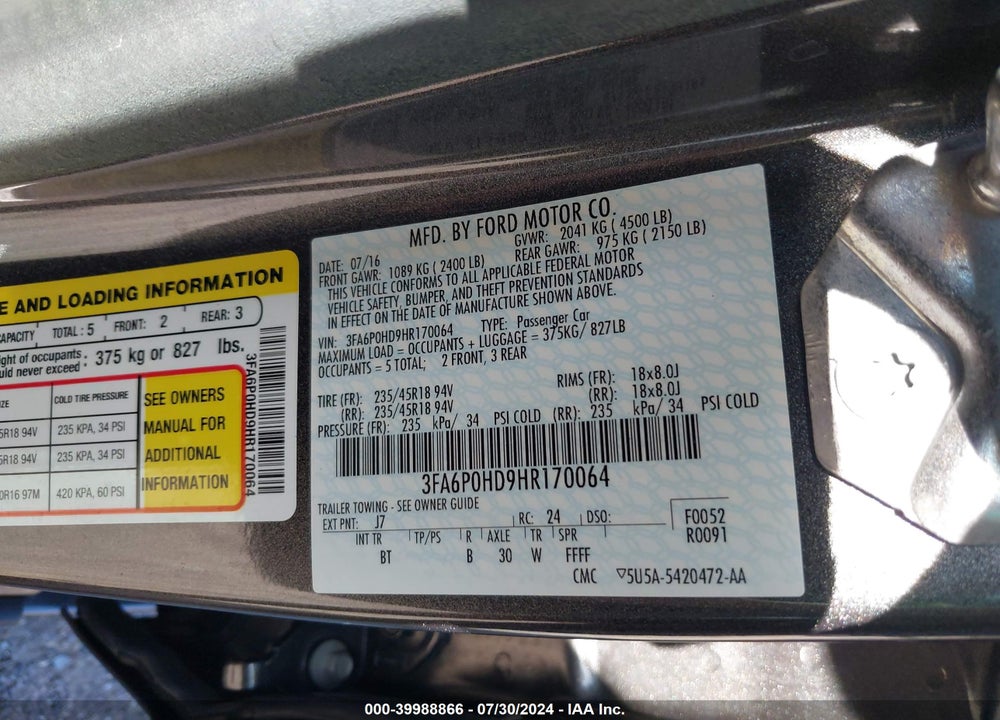 2017 FORD FUSION SE VIN: 3FA6P0HD9HR170064