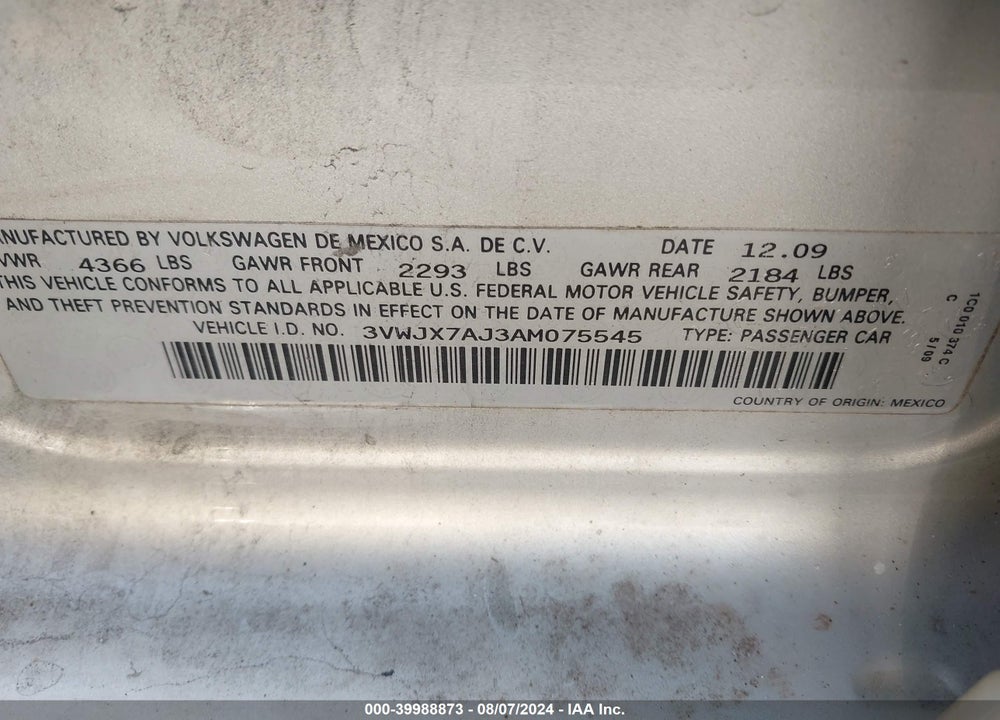 2010 VOLKSWAGEN JETTA S VIN: 3VWJX7AJ3AM075545