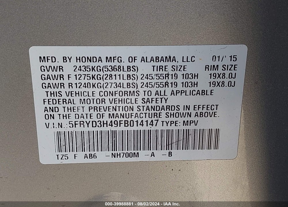2015 ACURA MDX TECHNOLOGY PACKAGE VIN: 5FRYD3H49FB014147