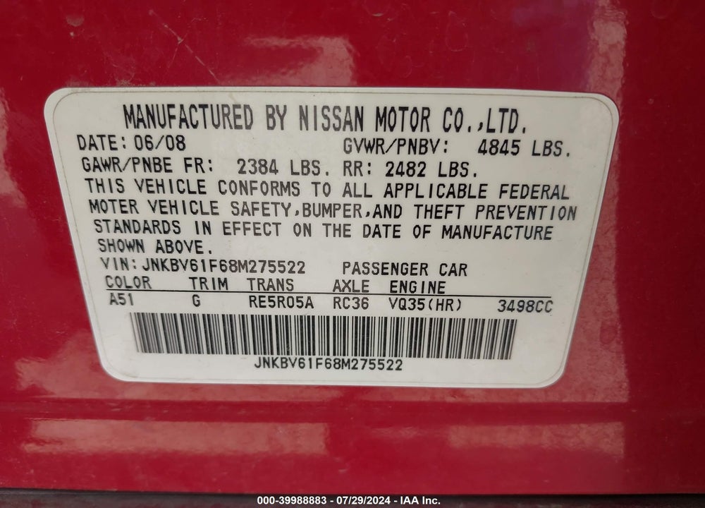 2008 INFINITI G35X VIN: JNKBV61F68M275522