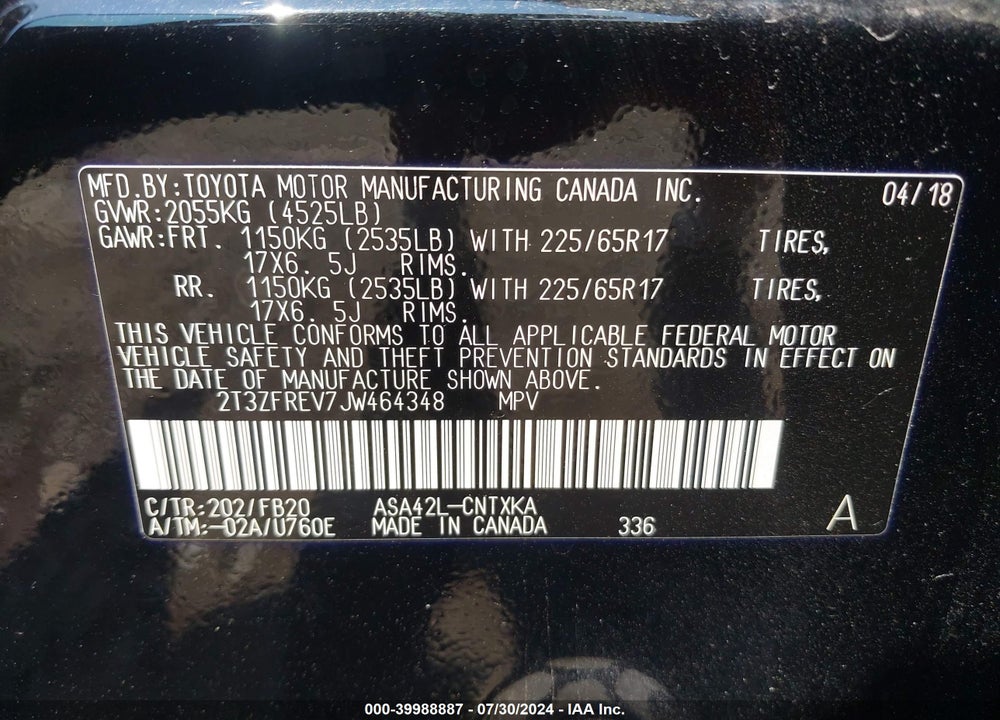 2018 TOYOTA RAV4 VIN: 2T3ZFREV7JW464348