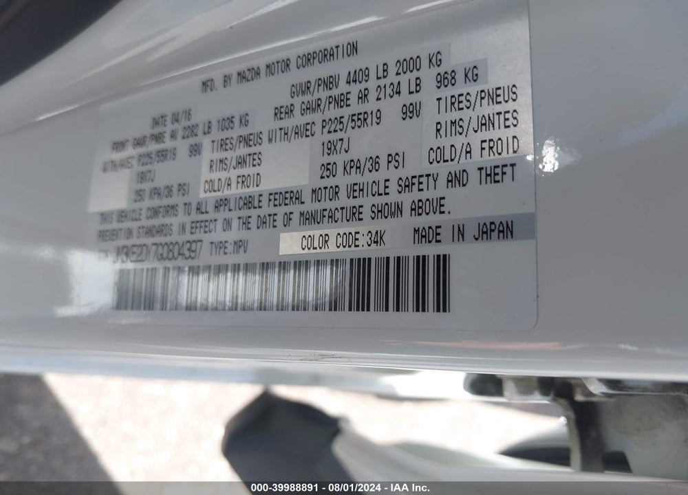 2016 MAZDA CX-5 GRAND TOURING VIN: JM3KE2DY7G0804397