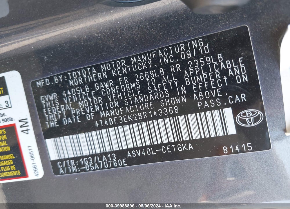 2011 TOYOTA CAMRY XLE VIN: 4T4BF3EK2BR143368