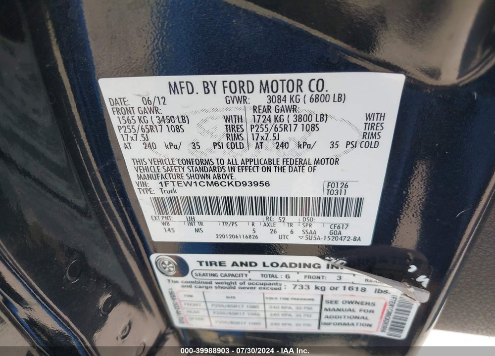 2012 FORD F-150 XLT VIN: 1FTEW1CM6CKD93956