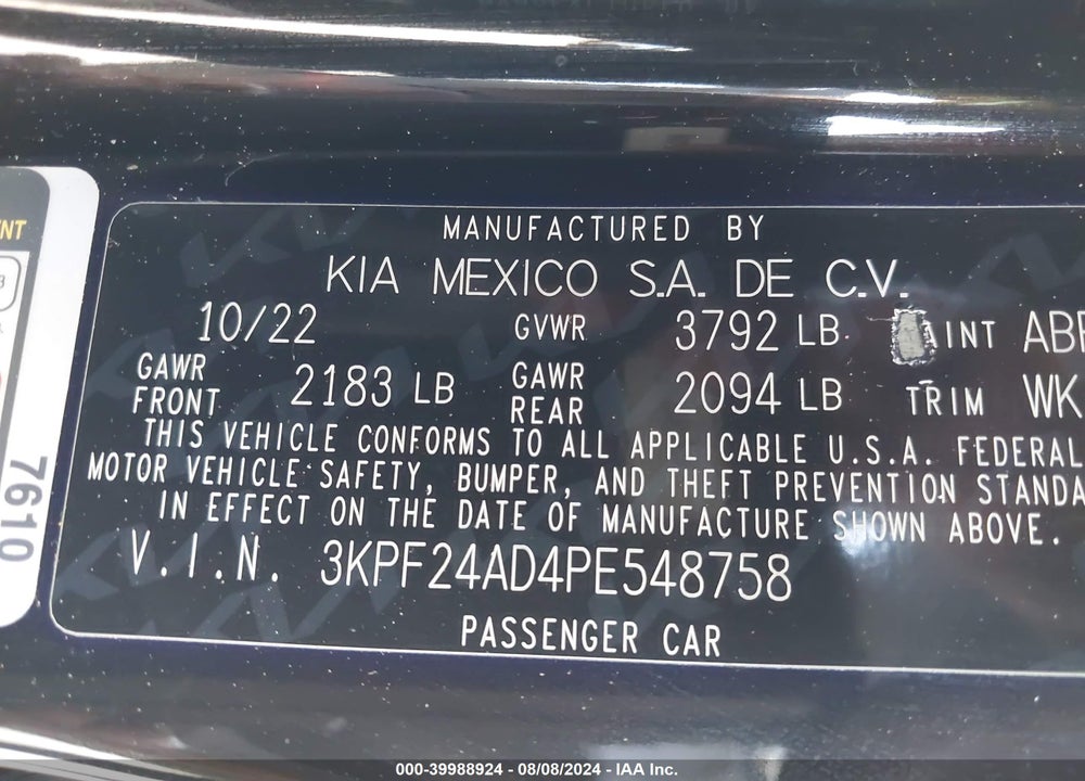 2023 KIA FORTE LXS VIN: 3KPF24AD4PE548758
