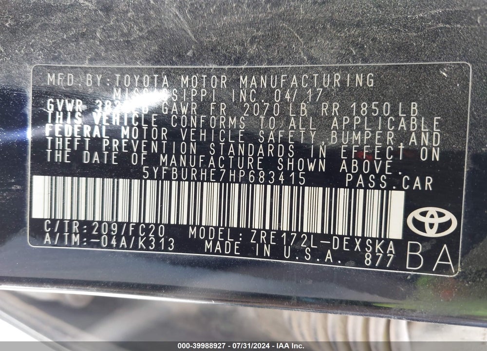 2017 TOYOTA COROLLA SE VIN: 5YFBURHE7HP683415