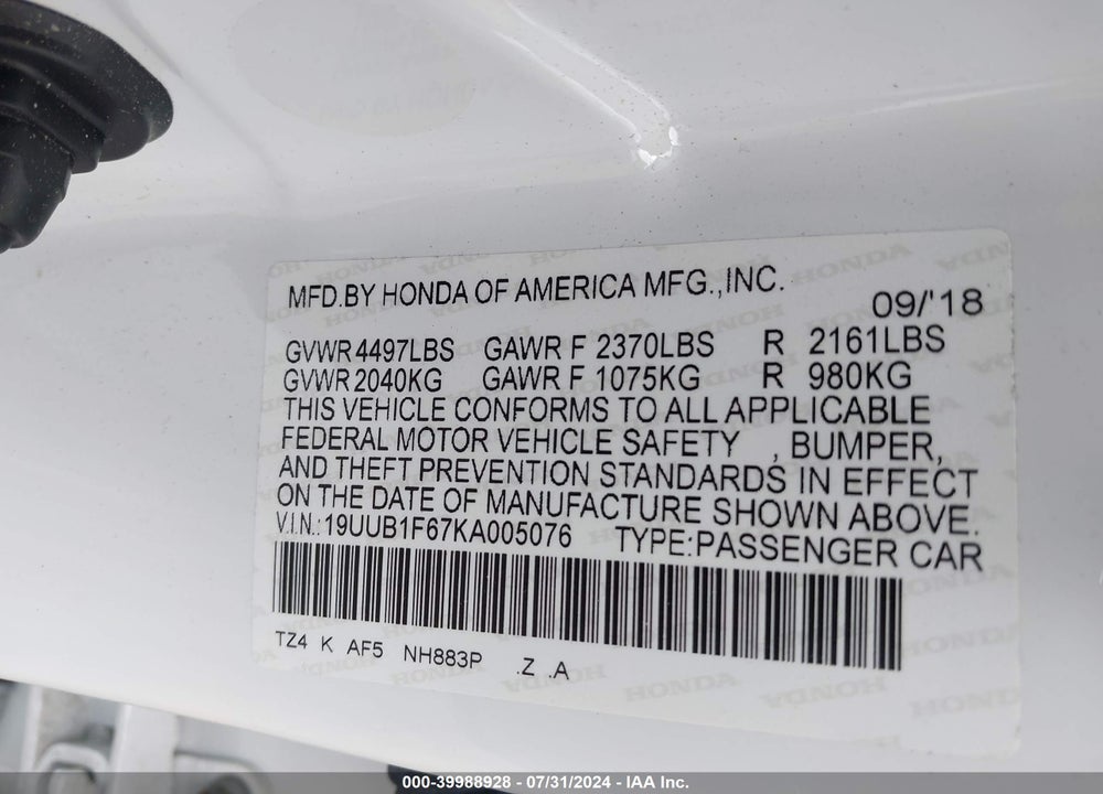 2019 ACURA TLX TECH & A-SPEC PKGS VIN: 19UUB1F67KA005076