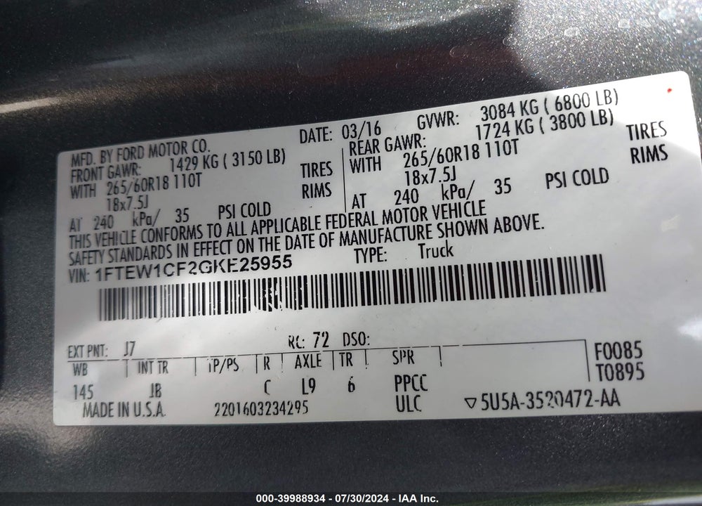 2016 FORD F-150 XLT VIN: 1FTEW1CF2GKE25955