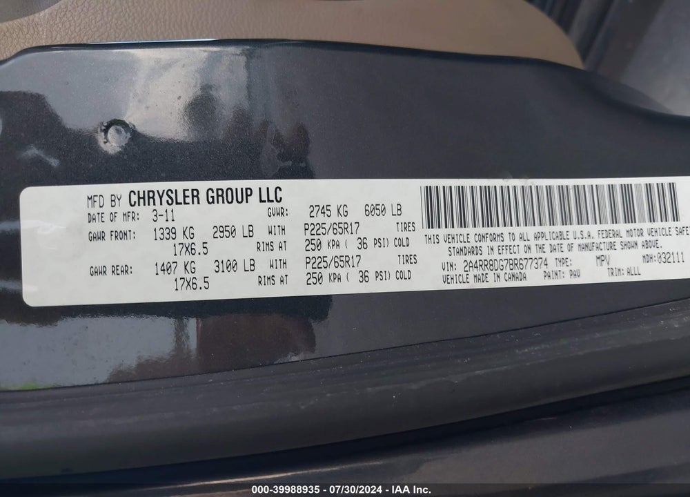 2011 CHRYSLER TOWN & COUNTRY TOURING-L VIN: 2A4RR8DG7BR677374