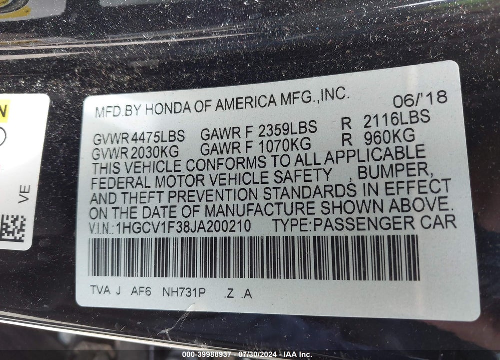 2018 HONDA ACCORD SPORT VIN: 1HGCV1F38JA200210
