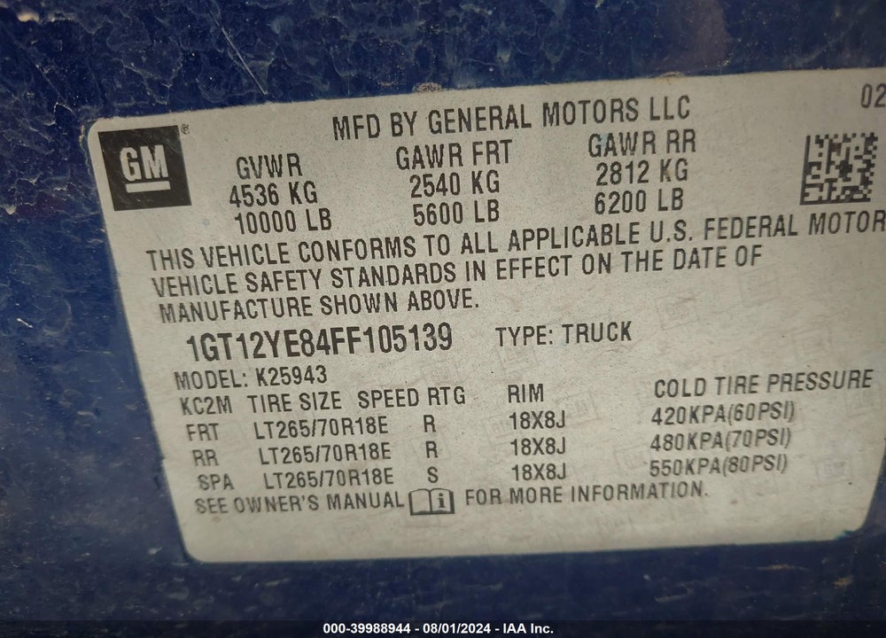 2015 GMC SIERRA 2500HD SLE VIN: 1GT12YE84FF105139