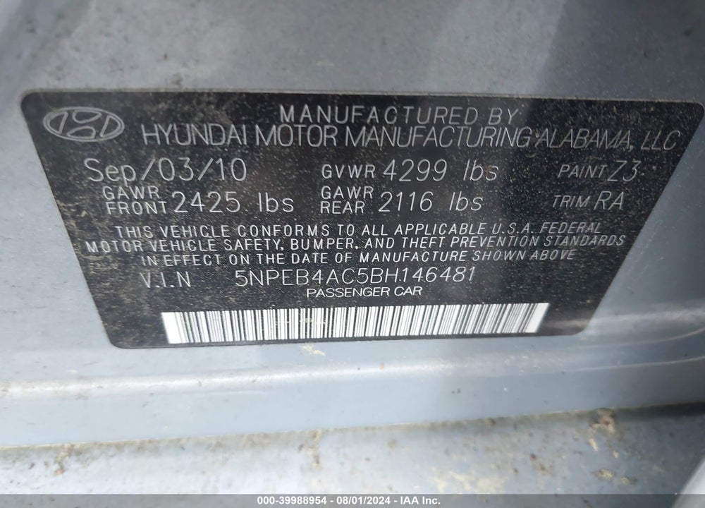 2011 HYUNDAI SONATA VIN: 5NPEB4AC5BH146481