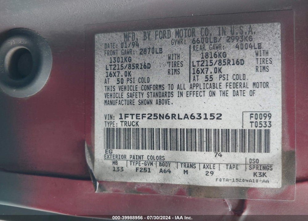 1994 FORD F250 VIN: 1FTEF25N6RLA63152