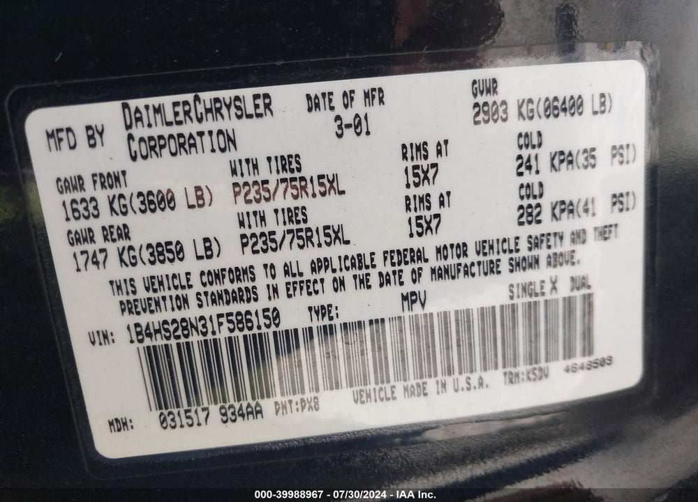 2001 DODGE DURANGO VIN: 1B4HS28N31F586150