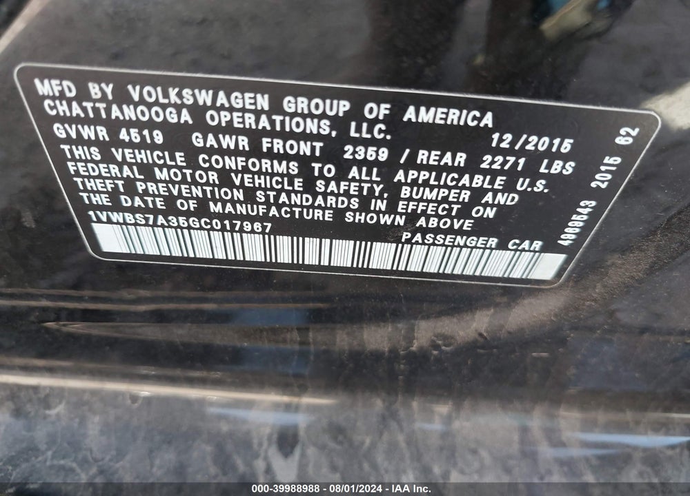 2016 VOLKSWAGEN PASSAT 1.8T SE VIN: 1VWBS7A35GC017967