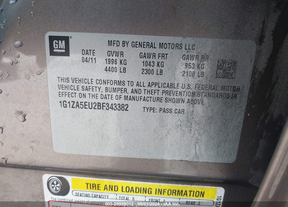 2011 CHEVROLET MALIBU LS VIN: 1G1ZA5EU2BF343382