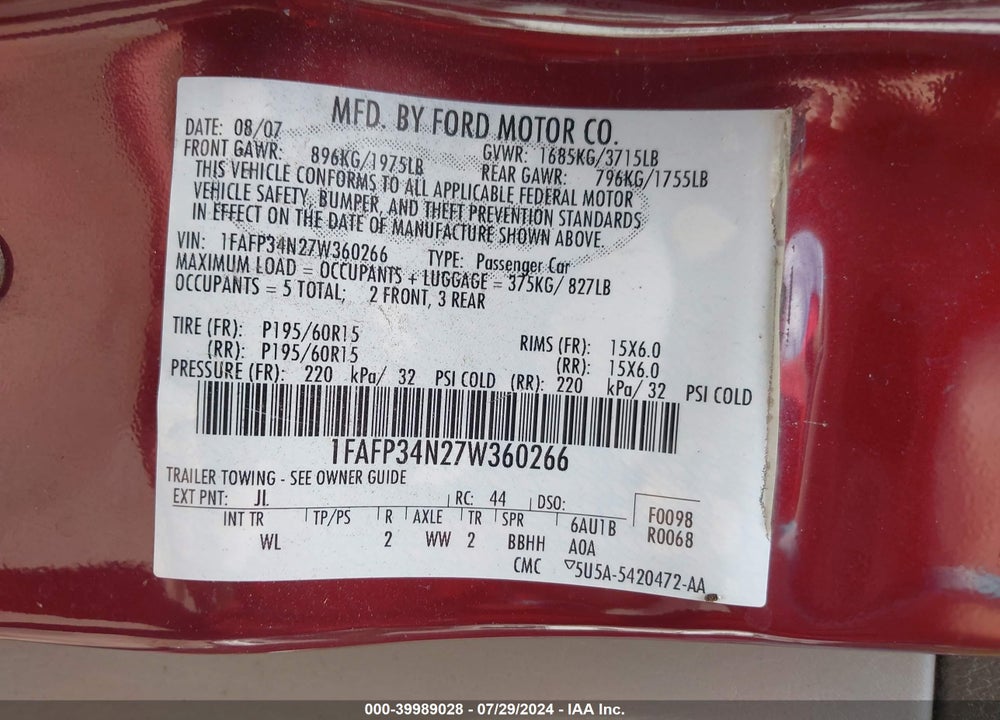 2007 FORD FOCUS S/SE/SES VIN: 1FAFP34N27W360266