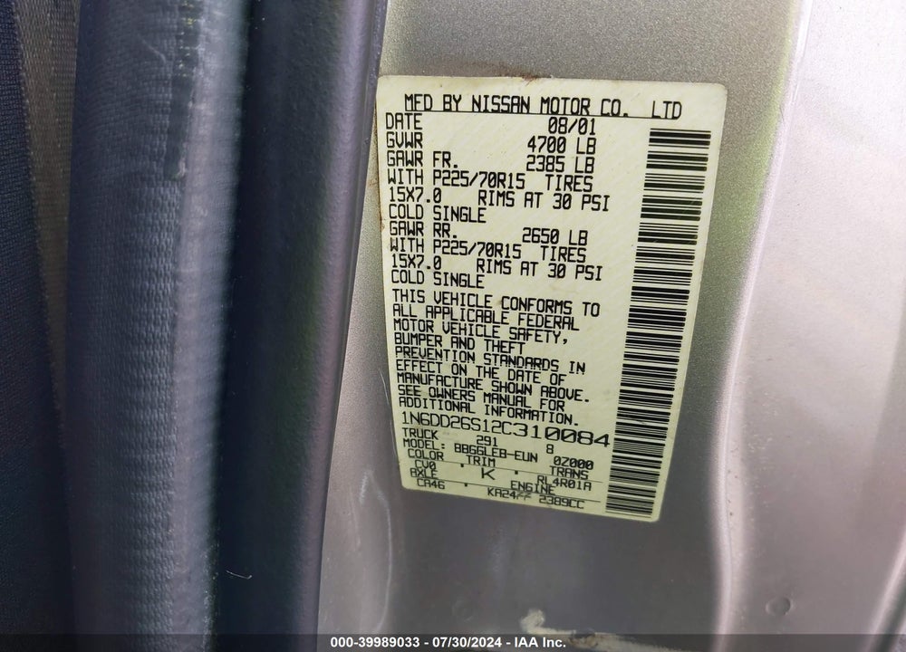 2002 NISSAN FRONTIER XE VIN: 1N6DD26S12C310084