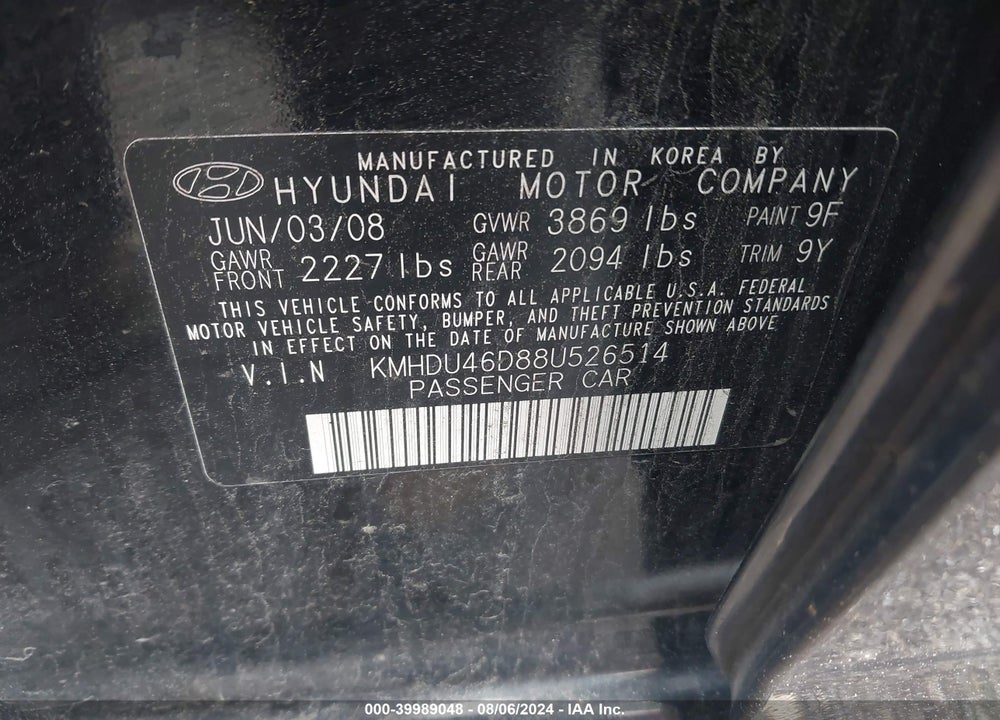 2008 HYUNDAI ELANTRA GLS/SE VIN: KMHDU46D88U526514