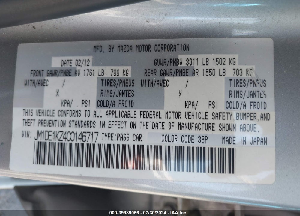 2012 MAZDA 2 SPORT VIN: JM1DE1KZ4C0146717