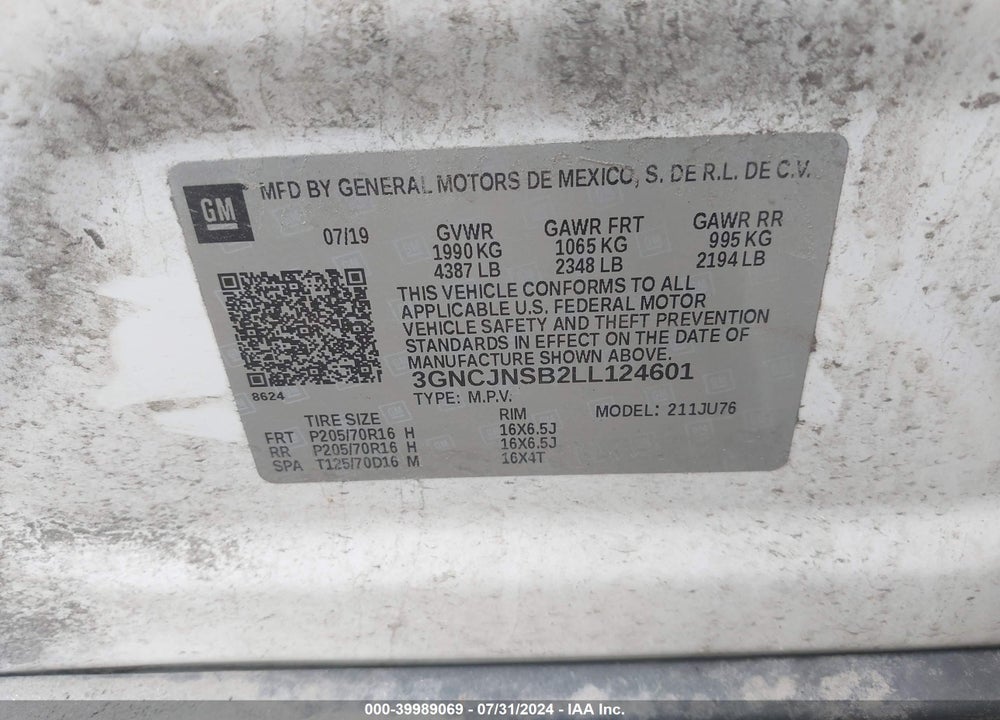 2020 CHEVROLET TRAX AWD LS VIN: 3GNCJNSB2LL124601
