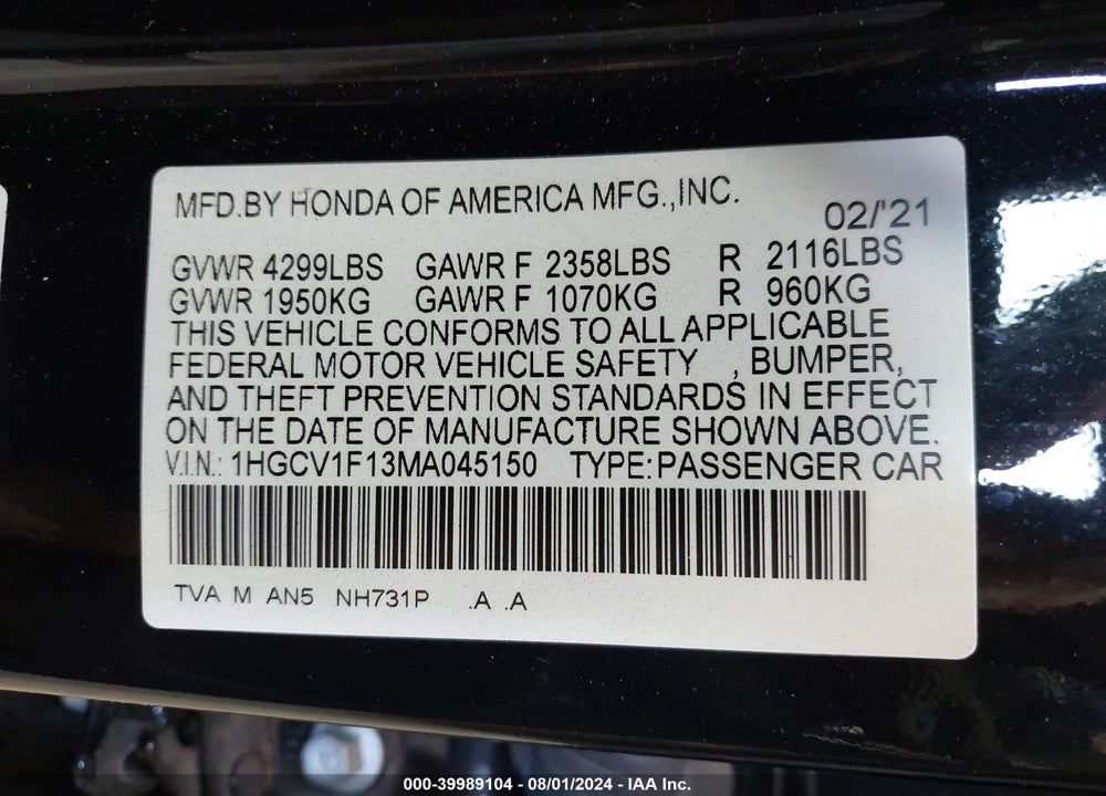 2021 HONDA ACCORD LX VIN: 1HGCV1F13MA045150