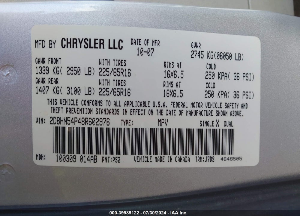 2008 DODGE GRAND CARAVAN SXT VIN: 2D8HN54P48R602976