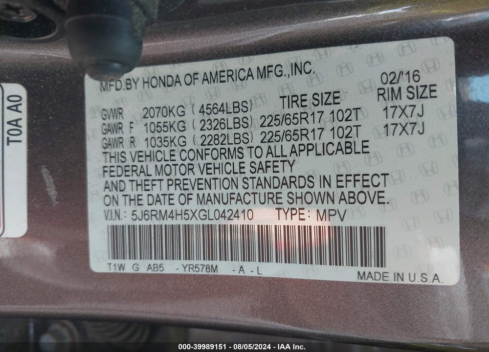 2016 HONDA CR-V EX VIN: 5J6RM4H5XGL042410
