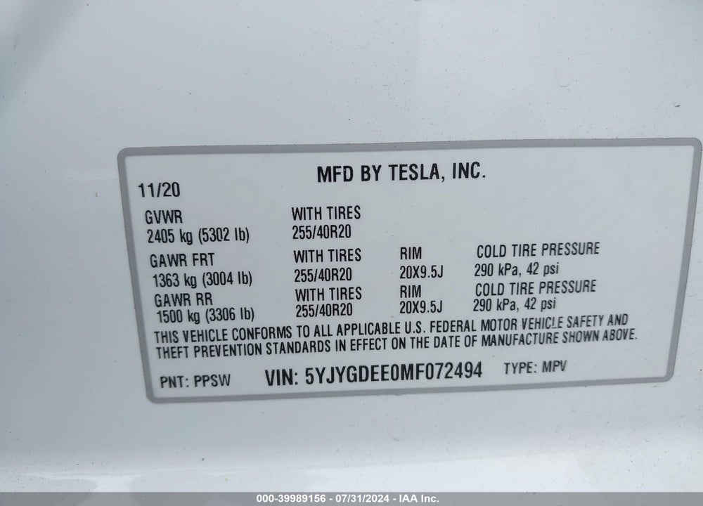 2021 TESLA MODEL Y LONG RANGE DUAL MOTOR ALL-WHEEL DRIVE VIN: 5YJYGDEE0MF072494