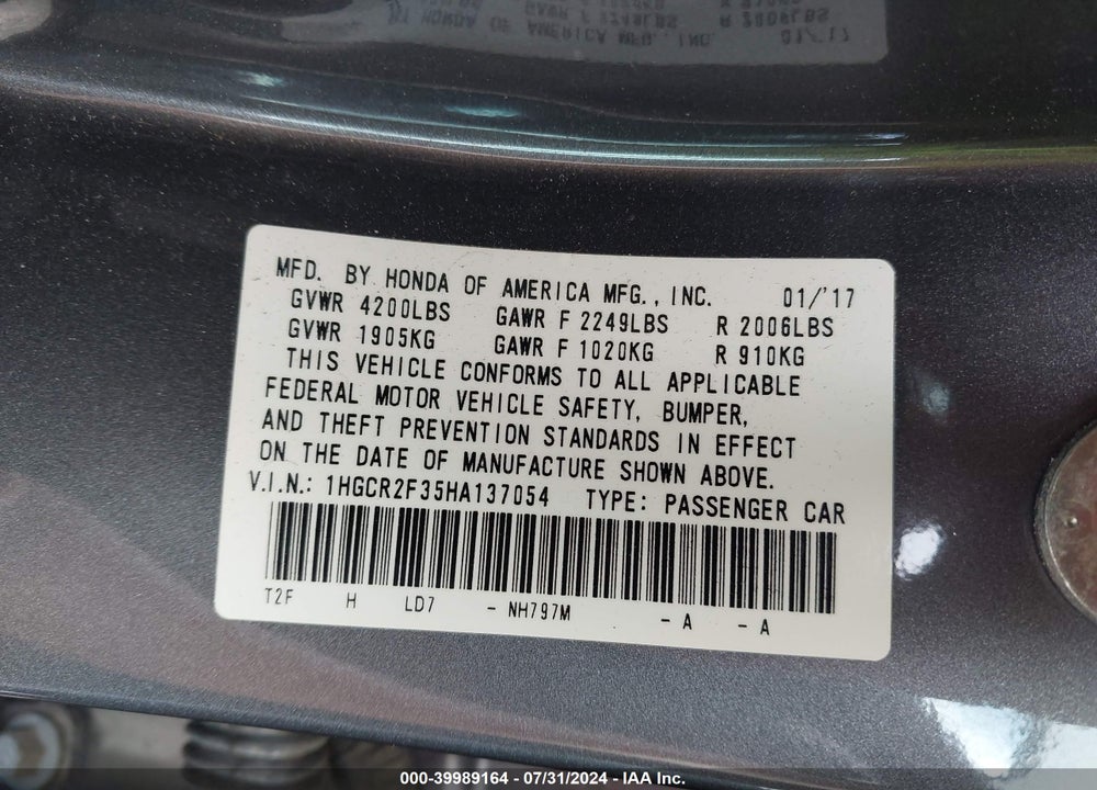 2017 HONDA ACCORD LX VIN: 1HGCR2F35HA137054