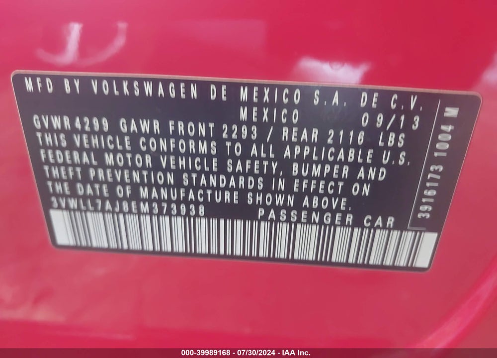 2014 VOLKSWAGEN JETTA 2.0L TDI VIN: 3VWLL7AJ8EM373938