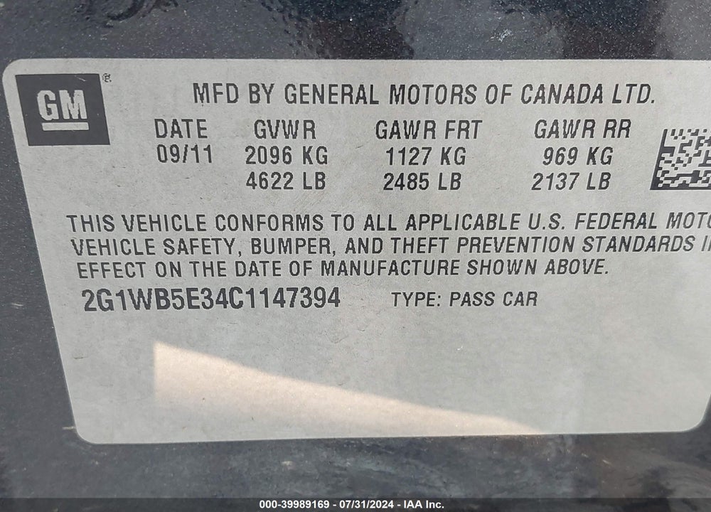 2012 CHEVROLET IMPALA LT VIN: 2G1WB5E34C1147394