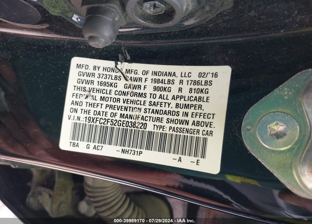 2016 HONDA CIVIC LX VIN: 19XFC2F52GE038220