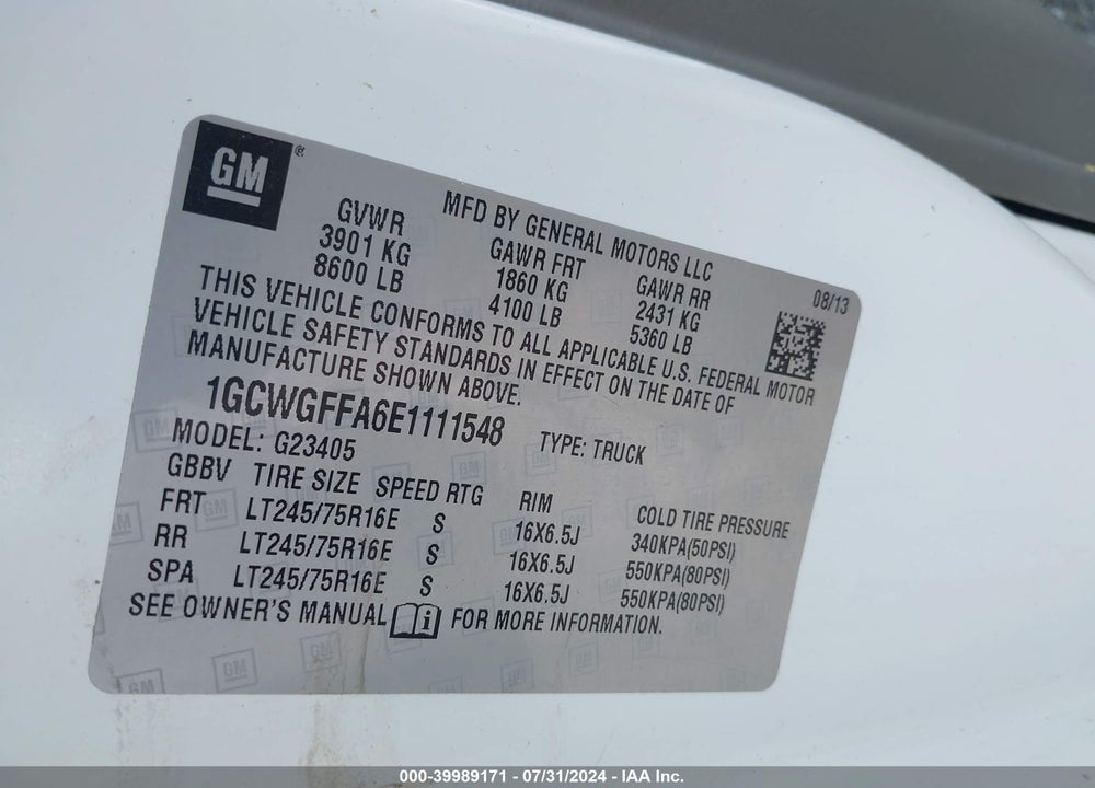 2014 CHEVROLET EXPRESS 2500 WORK VAN VIN: 1GCWGFFA6E1111548