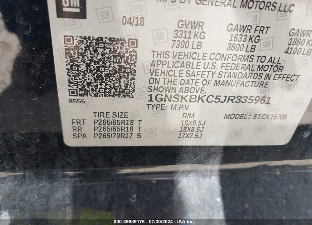 2018 CHEVROLET TAHOE LT VIN: 1GNSKBKC5JR335961
