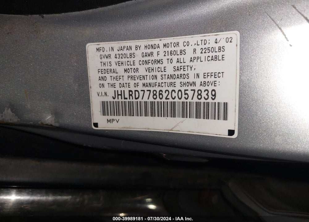 2002 HONDA CR-V EX VIN: JHLRD77862C057839