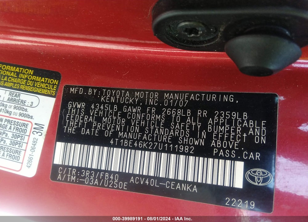 2007 TOYOTA CAMRY LE VIN: 4T1BE46K27U111982