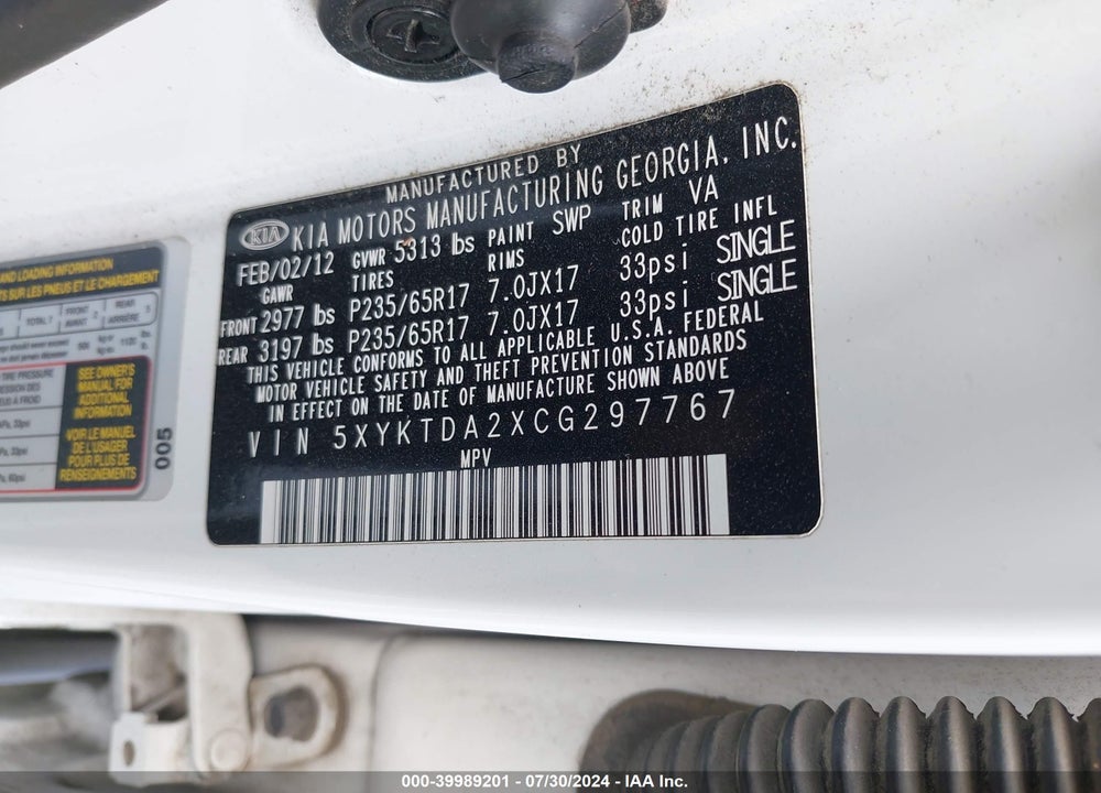 2012 KIA SORENTO LX V6 VIN: 5XYKTDA2XCG297767