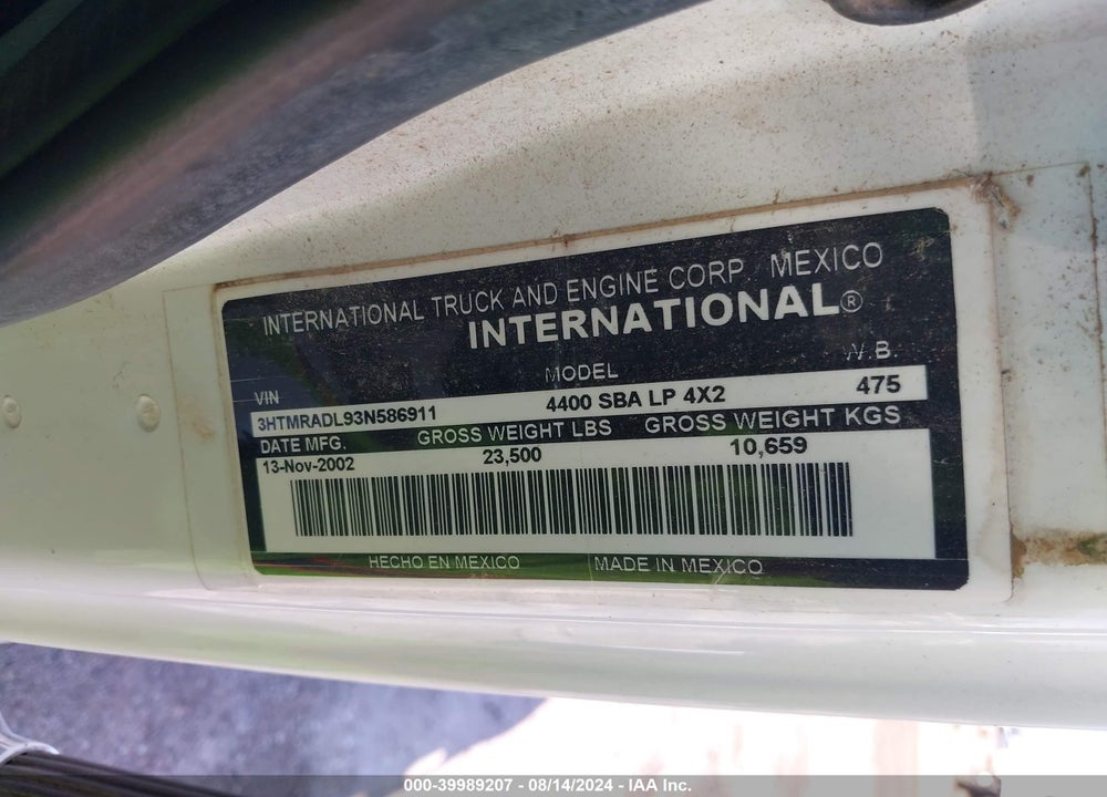 2003 INTERNATIONAL 4000 4400 LP VIN: 3HTMRADL93N586911